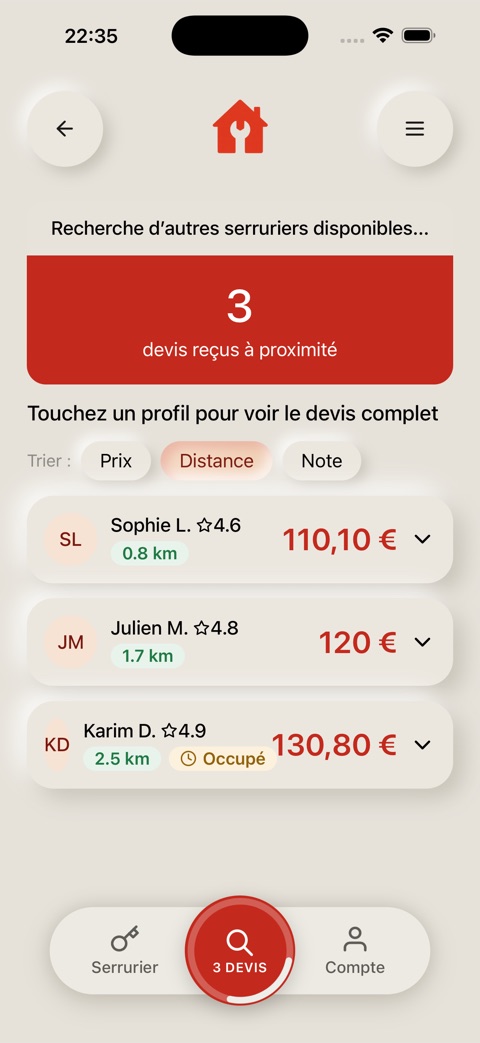 Trois devis d'artisans reçus dans l'application