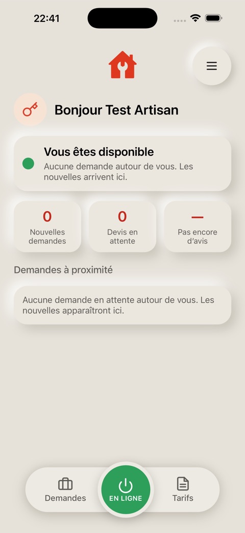 Tableau de bord artisan : en ligne, demandes à proximité